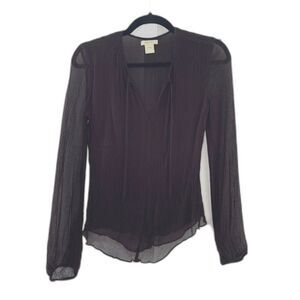 AURA Long Sleeve Blouse Brown Sheer Arch 100% Silk Size 4
